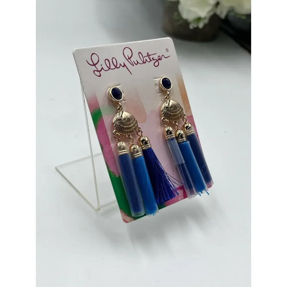Lilly Pulitzer Seaside Capri‎ Blue Tassel Seashell Statement Earrings